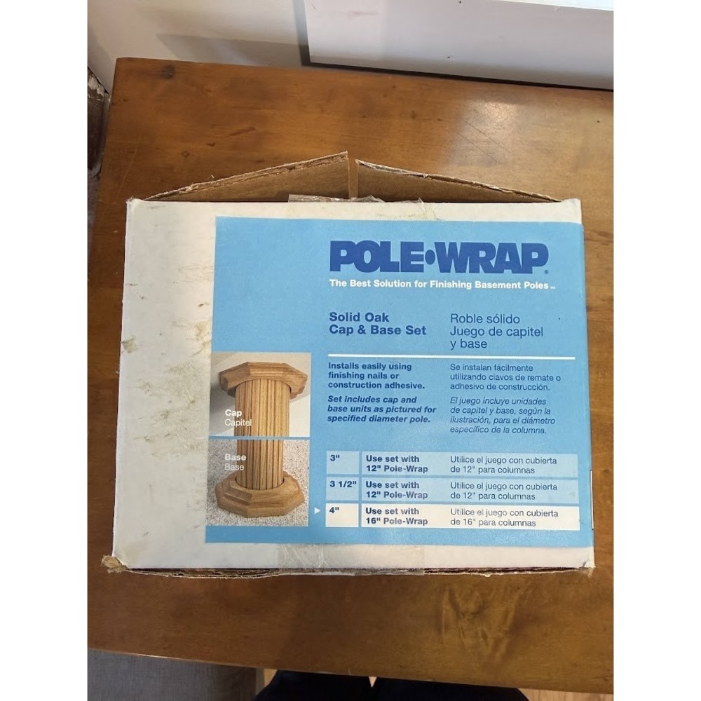 NEW Pole Wrap 4" Basement Column Base & Cap Set Unfinished Solid Oak 85CB40